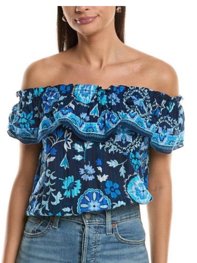 Ramy Brook Maia Top Xxs Blue Floral Off Shoulder Boho Ruffle Peasant Top